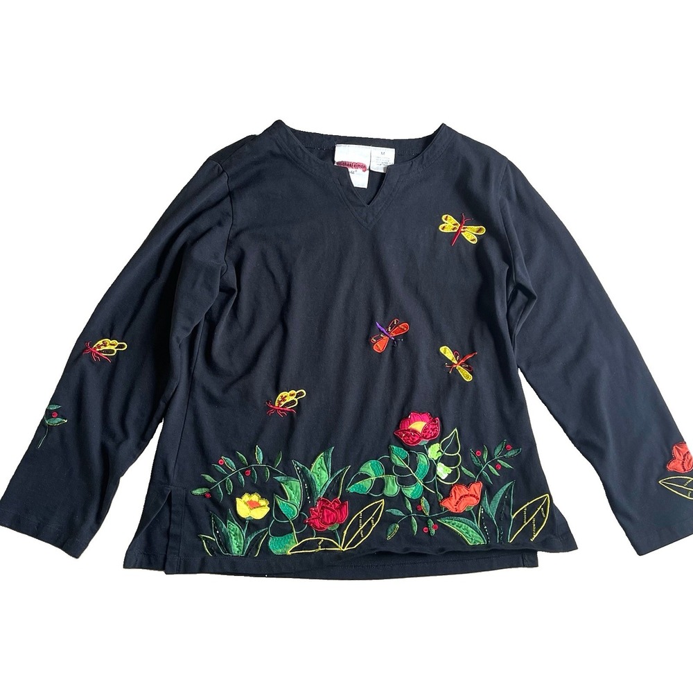 Michael Simon Lite Shirt M Embroidered Floral Dragonfly Beaded Appliqué Top